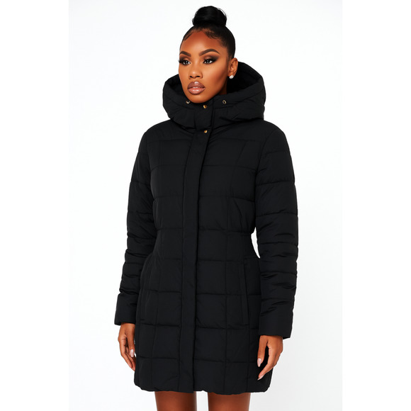 Cole Haan Signature Hooded Puffer Coat Women’s Small Black Quilted Long Down - Picture 1 of 14